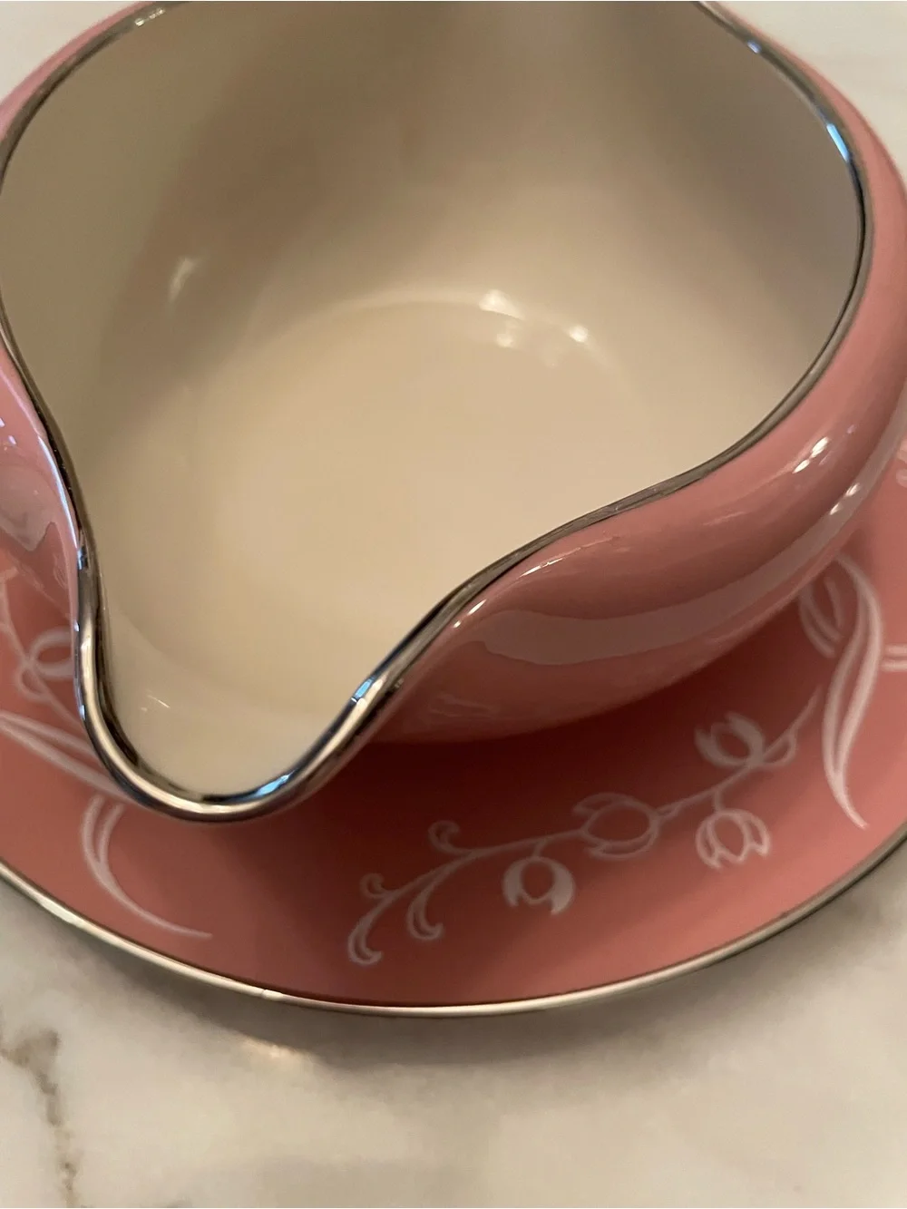 Flintridge China snow tulip pink silver rim Gravy Boat  Attached Underplate